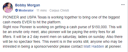 Texas USPA State Chair Bobby Morgan announces the upcoming Pioneer-sponsored meet with a $150,000 cash prize