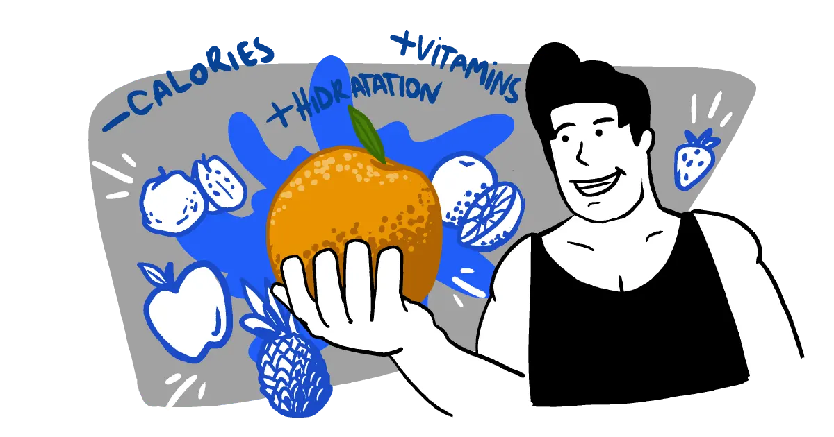 A man holding an orange with other fruits such as a grapefruit, apple, pineapple and pear in the background to show there's many fruits that promote weight loss. There's also the words calories, vitamins, and hydration in the background.