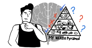 A man looking at a a food pyramid wondering about his particular needs and a brain in the background.