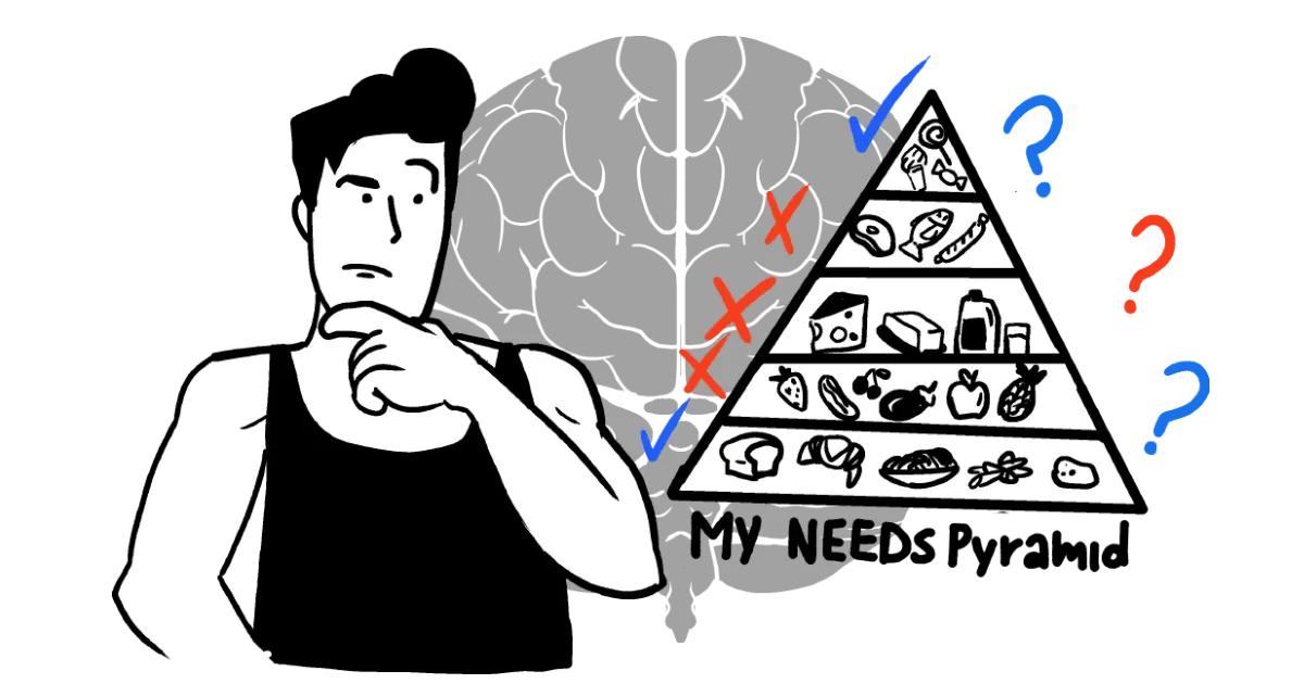 A man gazes at a food pyramid, contemplating his specific dietary needs, with an image of a brain in the background.