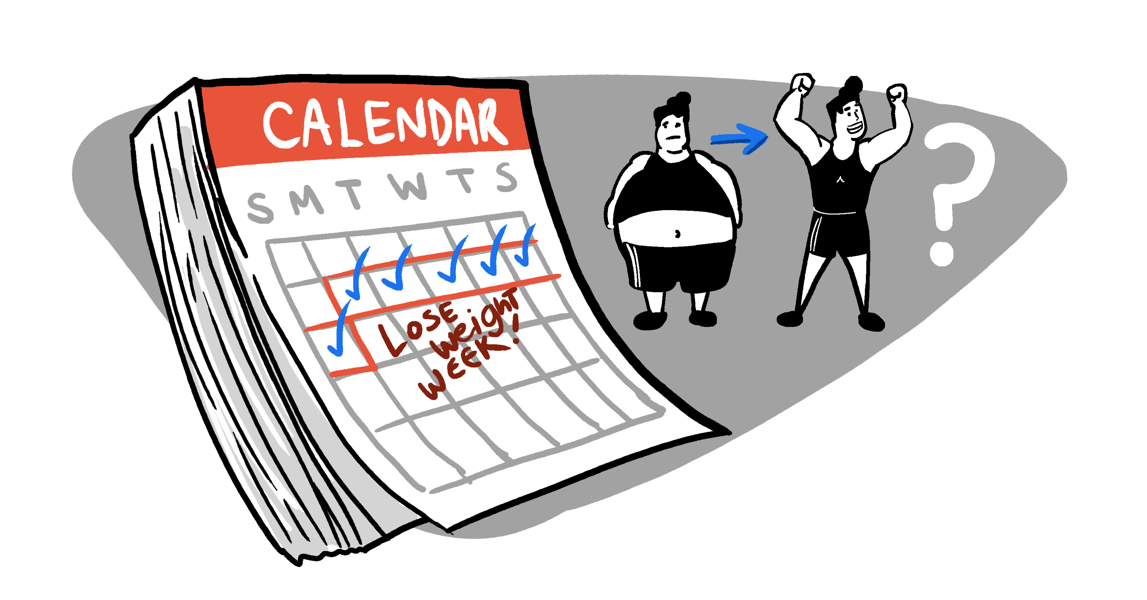 A larger man is looking at a weekly calendar and wondering if he can lose weight in just 7 days. Then there's another man on the other side that shows yes; you can lose some pounds in a matter of a few days.