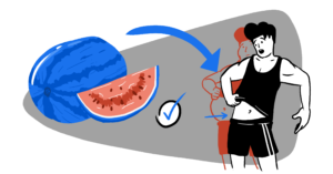 A guy is holding his belly with a sliced watermelon next to him and another, thinner version of the guy as a silhouette signifying he lost weight using the watermelon diet.