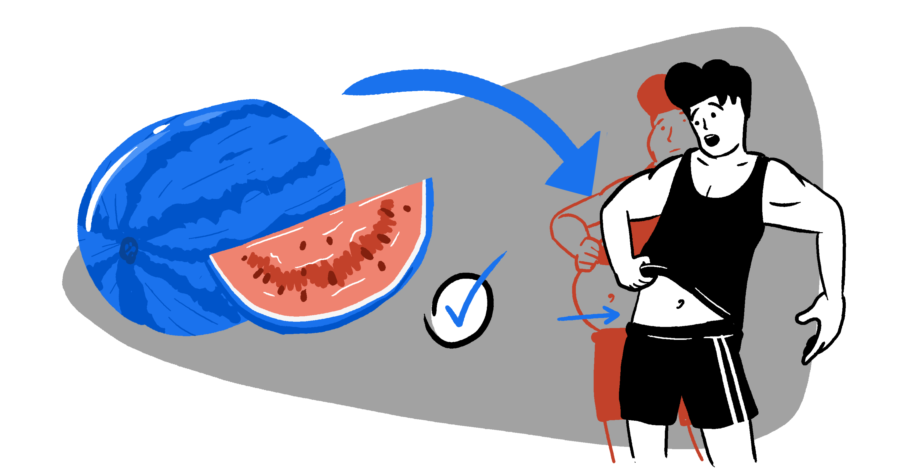 A guy is holding his belly with a sliced watermelon next to him and another, thinner version of the guy as a silhouette signifying he lost weight using the watermelon diet.