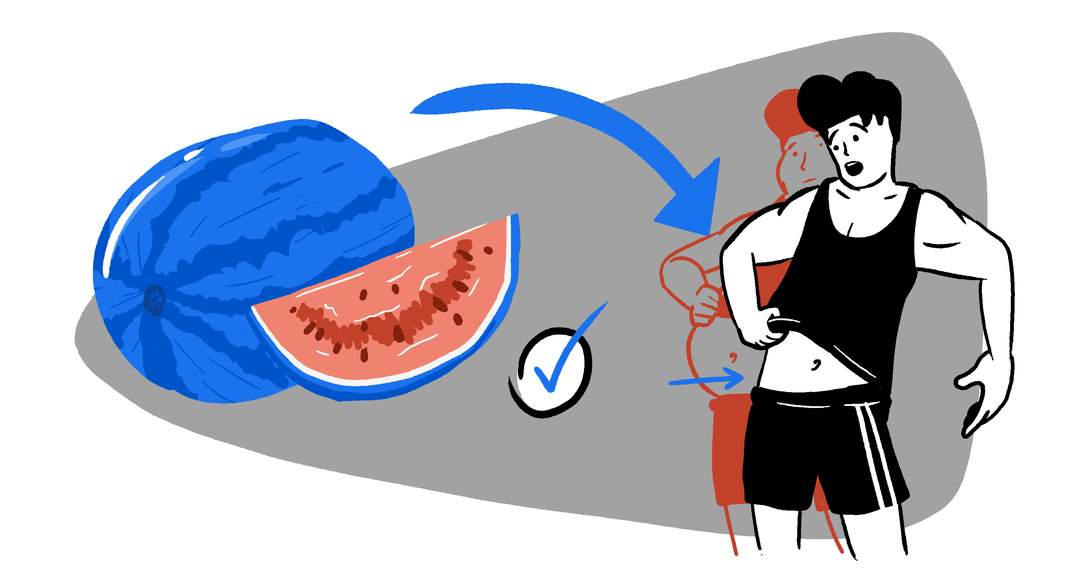 A man holds his belly beside a sliced watermelon, while a silhouette of a thinner version of himself suggests weight loss through the watermelon diet.