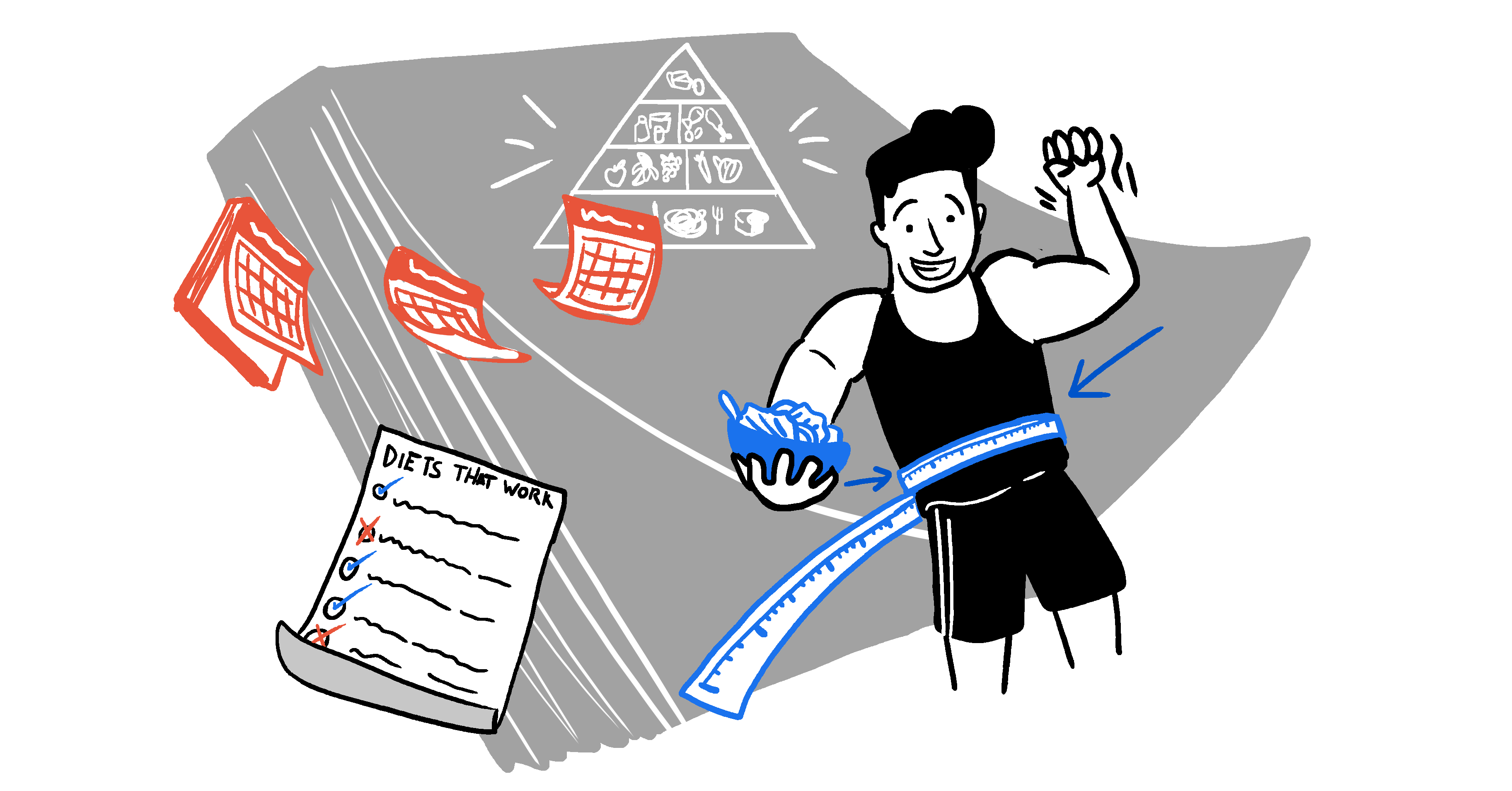 In the background, a man assesses if the latest popular diet worked by measuring his waist while holding a bowl of food, with a calendar and food pyramid visible.