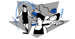 A man is jump roping, drinking water, sleeping and consuming green tea to show weight loss solutions come in many forms.