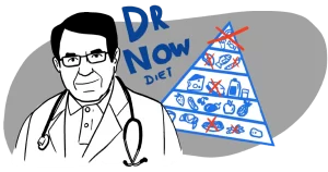 A doctor smiling with a food pyramid in the background and the words Dr. Now diet in the background.