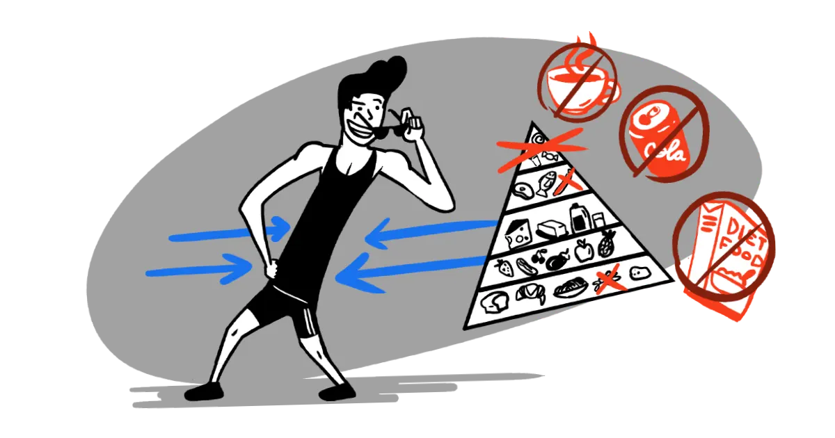 A slim person happily contemplates becoming even slimmer while considering nutritious options like eggs, cheese, milk, fruits, and veggies, ruling out less nutritious choices such as soda, diet food, and sweetened coffee.