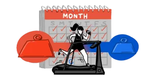 A woman running on a treadmill with a 30 day calendar in the background showing she's determined to lose 10-15lbs in 1 month.