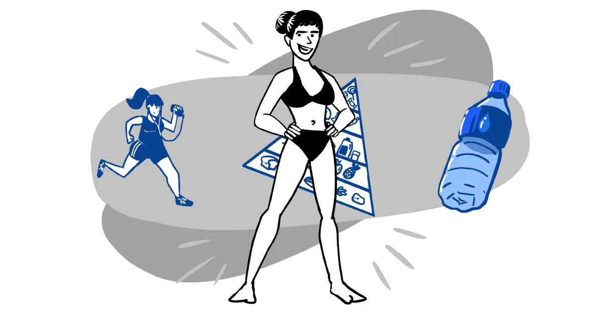 A woman with tummy fat is running in the background alongside a food pyramid while a fit women in a bikini stands proud in the foreground.