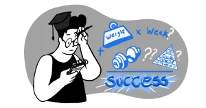 A man is looking at a notepad with a dumbbell, a food pyramid, and the words success on it while wondering how a beginner might start their weight loss journey.