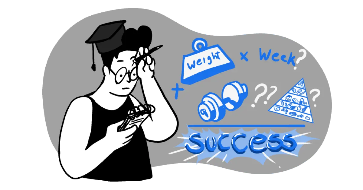 A man is looking at a notepad with a dumbbell, a food pyramid, and the words success on it while wondering how a beginner might start their weight loss journey.
