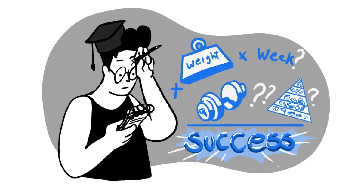 A man studies a notepad featuring a dumbbell, a food pyramid, and the word success, pondering how a beginner could embark on their weight loss journey.