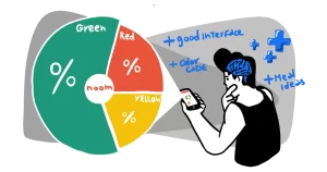 A man holding his cell phone while looking at the noom app which is showing him red, yellow and green food groups so he can determine how much of different types of foods to eat.