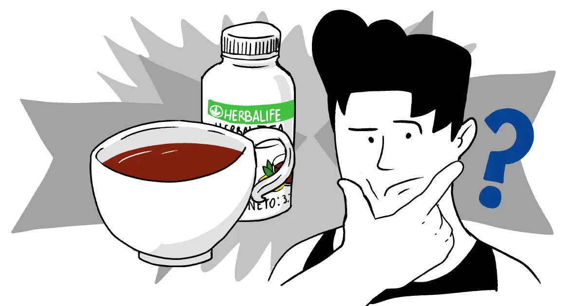 A man next to a cup of herbalife tea and a bottle of supplements wondering if Herbalife tea burns belly fat.