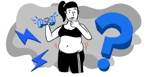 A woman is lifting a dumbbell in the air while wondering whether or not fat gets jiggly before you lose it.