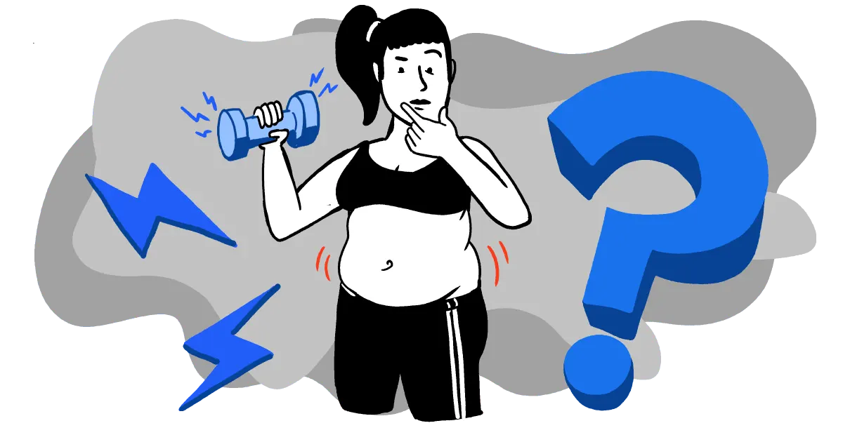 A woman is lifting a dumbbell in the air while wondering whether or not fat gets jiggly before you lose it.