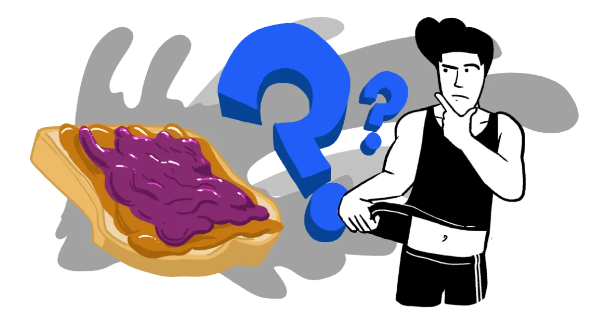 A man is looking at a PB&J wondering if peanut butter and jelly is good for weight loss, or if he should avoid it while dieting.