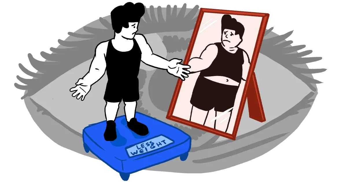 A man is standing on a bodyweight scale while looking in a mirror and realizes that he lost weight but looks fatter.