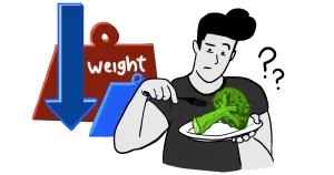 A man is looking at a large serving of broccoli wondering how much he should eat while trying to lose weight.