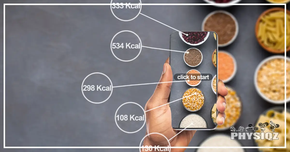 A smartphone that is taking a picture of various foods like pasta, corn and beans with icons showing how many calories is in each food item. 