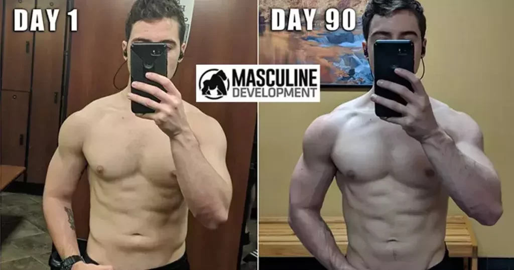 A back to back before and after picture where a man taking a mirror selfie before and after using peptides where he is holding more fat on day 1 or the left picture, and he is leaner and more muscular on day 90 on the right picture. 