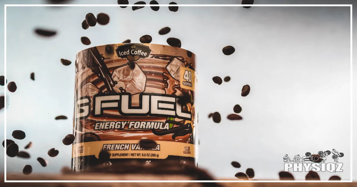 A brown tub of G Fuel energy formula in french vanilla flavor that comes in 40 servings with a bunch of coffee beans dropping and bouncing in the surrounding.