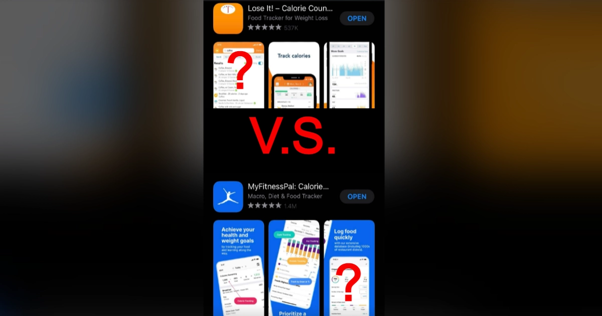 A screenshot of the Lose It app and the MyFitnessPal app with a "vs." in between and question marks on each symbolizes the comparison of which app is better.