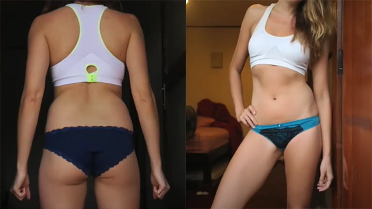A woman named Ava has a before picture on the left where she is wearing a black bikini and white tank top with only a moderate amount of fat, with an after picture of her on the right where her abs are seen, and legs appear much thinner.
