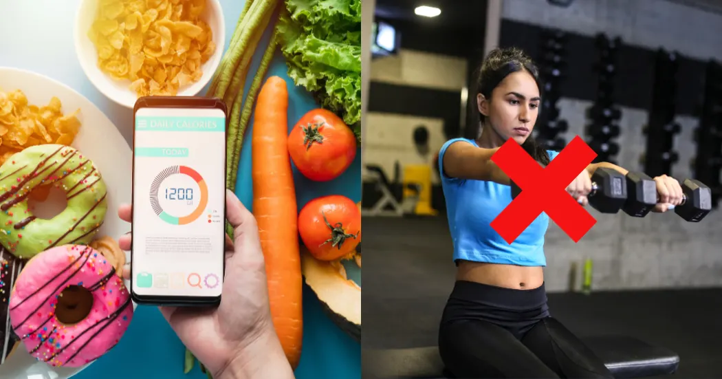 In the image, a calorie tracking app is depicted on the left, with donuts, cereal, carrots, lettuce, and tomatoes in the background; and on the right side, a woman is shown performing dumbbell raises with an "X" over her, indicating her preference for achieving a calorie deficit without exercise.