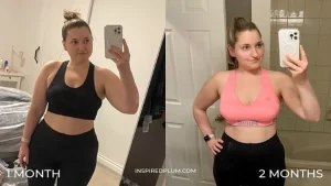 A cycling body transformation female named Nikki who is wearing a black tank on the left while taking a mirror selfie, and on the right she's wearing a pink tank and in comparison to the picture of her on the left, she is substantially thinner in the tummy area.