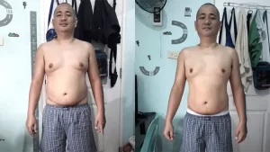 A cycling body transformation male with a before picture on the left that was taken in his bedroom where he shows his belly hanging over his pants, and the after picture on the right shows he lost a fair amount of weight and his stomach is much flatter.