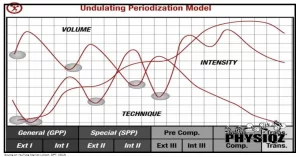 A graph showing daily undulating periodization model where volume, intensity, and frequency are varied in order to progress in weight lifting.