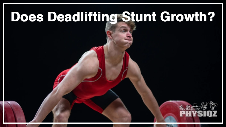 An athletic person wearing a red weightlifting suit is showing a facial expression that seems to suggest a struggle in lifting the barbell with two red weighted plates as he wonders, 'Does deadlifting stunt growth?', in a studio with dark background.