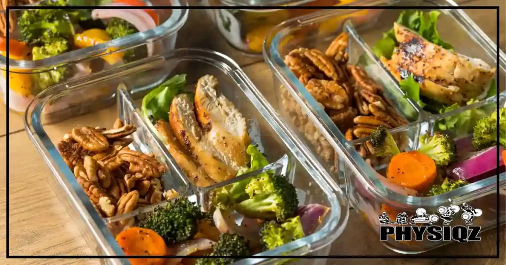 Two glass dishes next to each other with healthy food that contain quality calories such as pecans, carrots, broccoli, onions, mushrooms and lettuce. 