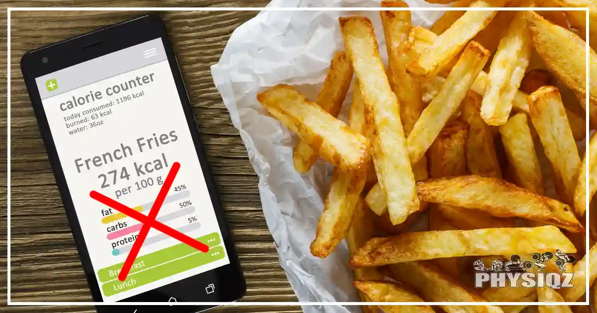 On a countertop, there's a serving of French fries placed next to a smartphone featuring a calorie tracking app, which indicates the fries contain 274 calories; the 'X' marked over the calorie count suggests alternative approaches to weight maintenance beyond calorie counting.