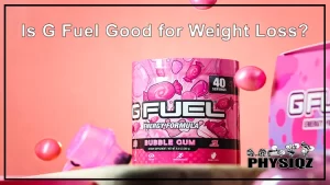A pink tub of G Fuel energy formula in bubble gum flavor, makes dieters wonder is G Fuel good for weight loss, and it comes in 40 servings, with a pink box on the side and a pink tumbler blurred against a peach background.