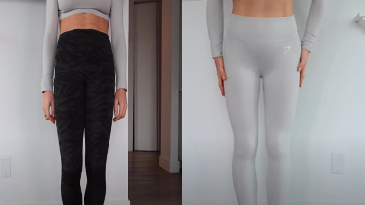Keltie's before picture is on the left, where she is wearing black leggings and a grey long sleeve shirt, and her after picture is on the right, where she has a noticeably larger thigh gap and looks more slender in her waist too.