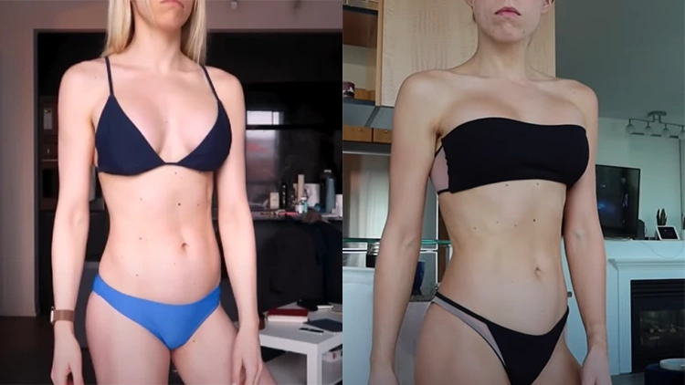 Keltie is wearing a black and blue bikini on the left and on the right, she's wearing all black and appears thinner in both her stomach and arms. 