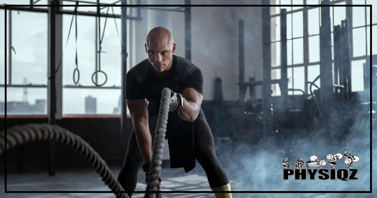 A muscular guy swinging battle ropes full force in a dark gym with chalk floating in the air and gymnastic rings in the background. 