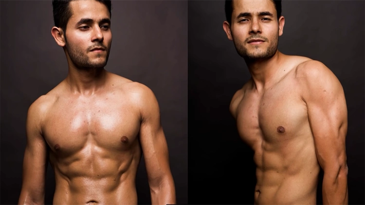 A man in both front view and side view flexing his abs but only two abs are visible, otherwise known as a 2 pack. 