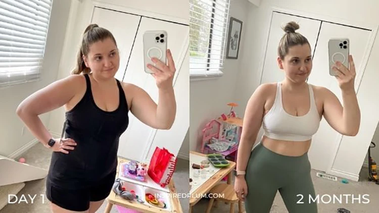 A woman who used Peloton to lose weight where her before picture is on the left, and her after picture that shows a much thinner waist is on the right. 