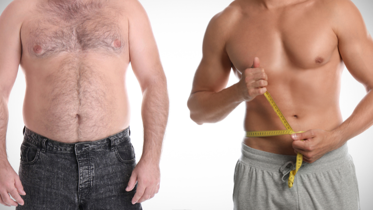 A man on the left is holding a fair amount of fat as seen by his fluffy abdomen, and on the right, the same guy has well-defined abs and measures his waist with a yellow tape measure.