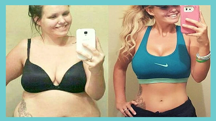 A before and after picture of a woman who is overweight on the left side taking a mirror selfie, and the same woman on the right side who lost weight and has a slimmer waist thanks to peptides. 