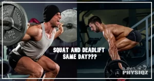 A man on the left is doing a squat while wearing a beanie and yelling due to the difficulty of the lift, and another man on the right is getting ready to pull the bar off the floor, making them wonder if squat and deadlift same day can or should be done.