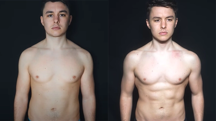 Sven's before picture on the left where he appears skinny, but is abs are not visible and has no definition, while his after picture on the right has abs that are apparent leaner-looking arms, and his facial expression is happier too. 