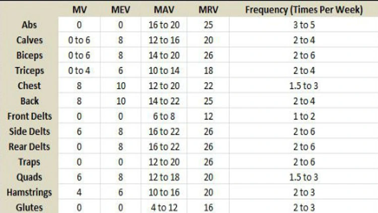 A table showing the maintenance volume, minimum effective volume, maximum adaptive volume, and maximum recovery volume of each muscle group as well as ideal frequency to target each muscle. 