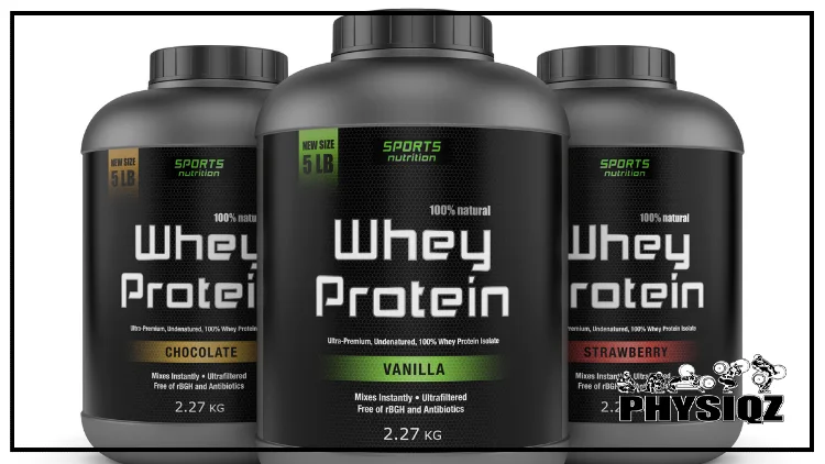 Three bottles of whey protein powder are next to each other; each is a different color (red, green, and blue), and each has a different flavor (vanilla, chocolate, and strawberry). 