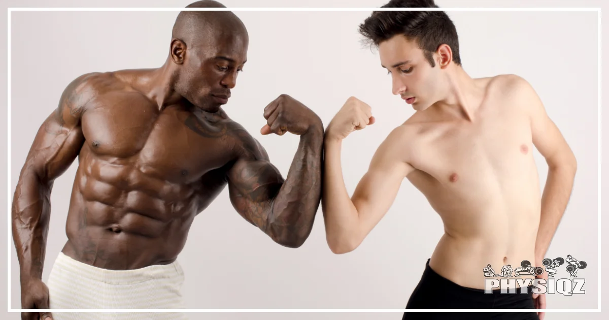 On the left, a ripped man or muscular man of color wearing white sorts is flexing his bicep, and on the right, a Caucasian man who is skinny and lean is flexing his bicep next to the other guys hoping he'll provide a workout plan for skinny guys to build muscle fast.
