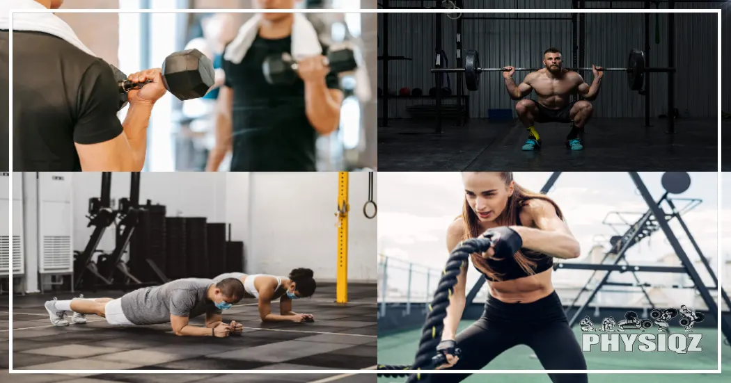 A collage of a four-day workout split consists of four different images: the top left shows a man performing dumbbell curls with a towel draped over his neck, the top right features a man in blue shoes performing a squat, the bottom left displays a couple doing planks while wearing masks, and the bottom right depicts a fit woman doing bilateral waves with a rope.